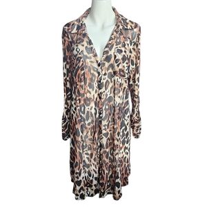 Black Caramel Brown Leopard Print Long Blouse Duster Tunic 1X Fall Sheer Mobwife